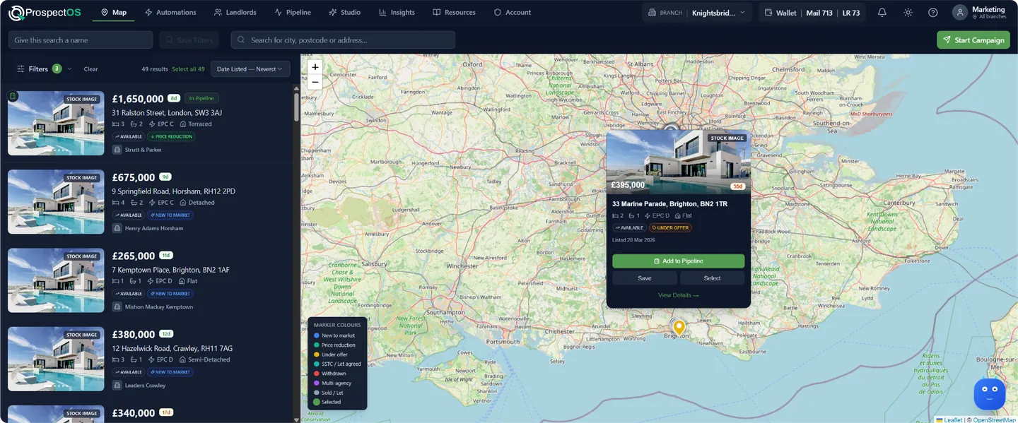 ProspectOS estate agent prospecting dashboard showing property intelligence and campaign workflows